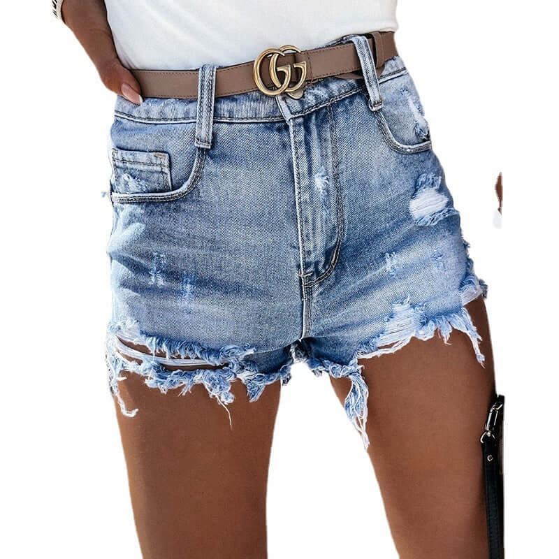 Ladies High Waist Ripped Washed Tassel Sexy Slim Fit Denim Shorts