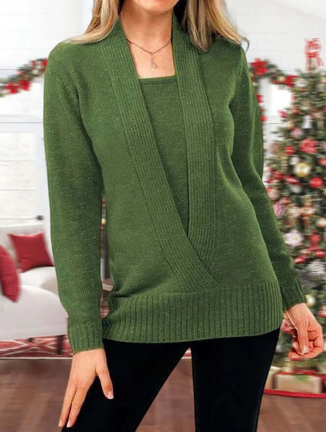 Autumn And Winter New Solid Color Long Sleeve V Neck Fake Two Piece Short Sweater