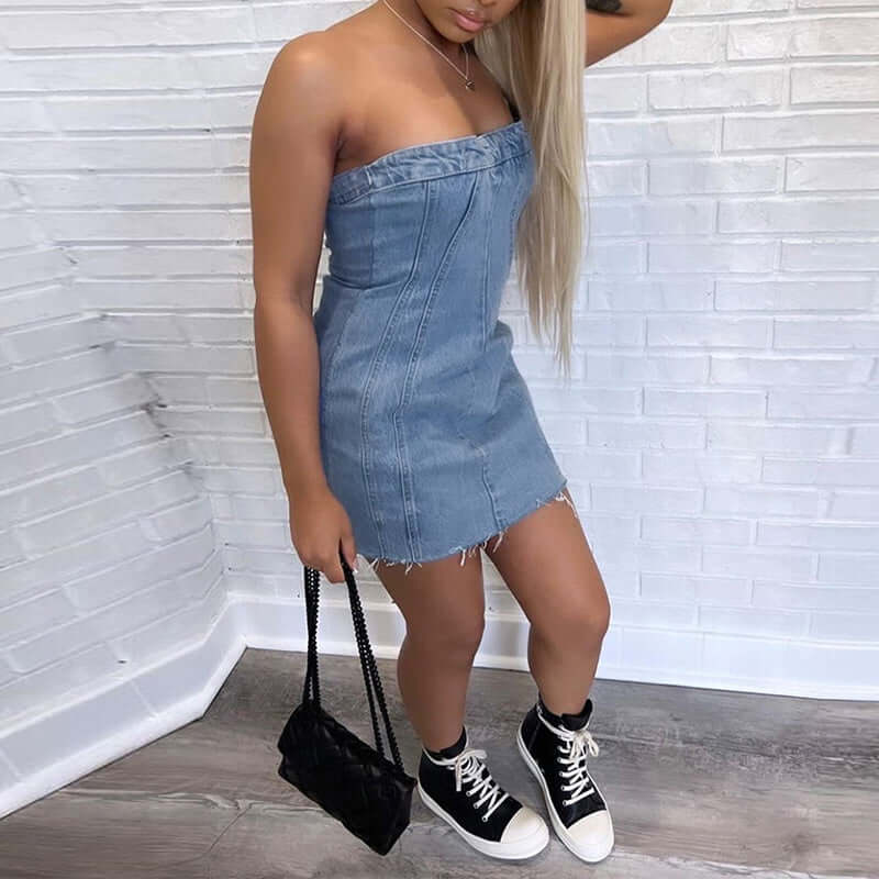 Fashion Backless Tube Denim Dress Summer Sexy Slim Short Dresses