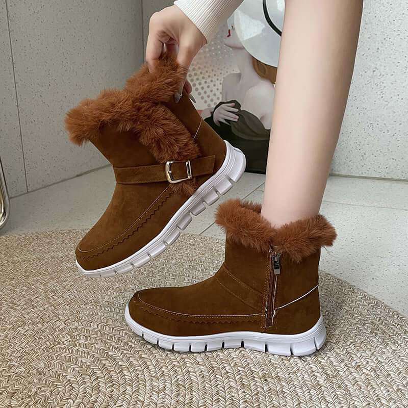 New Snow Boots Winter Warm Thickened Solid Color Plush Ankle Boots With Buckle Design Plus Velvet Flat Shoes