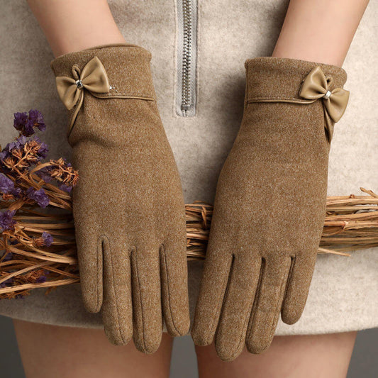 Fleece Lined De Suede Bow Gloves Touch Screen Warm Outdoor All Matching