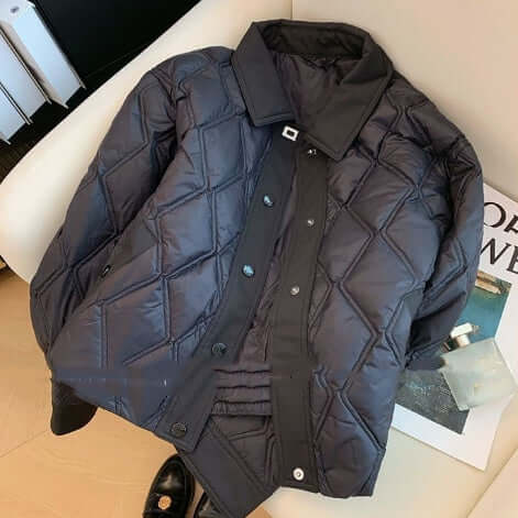 Black Rhombus Polo Collar Cotton Padded Jacket