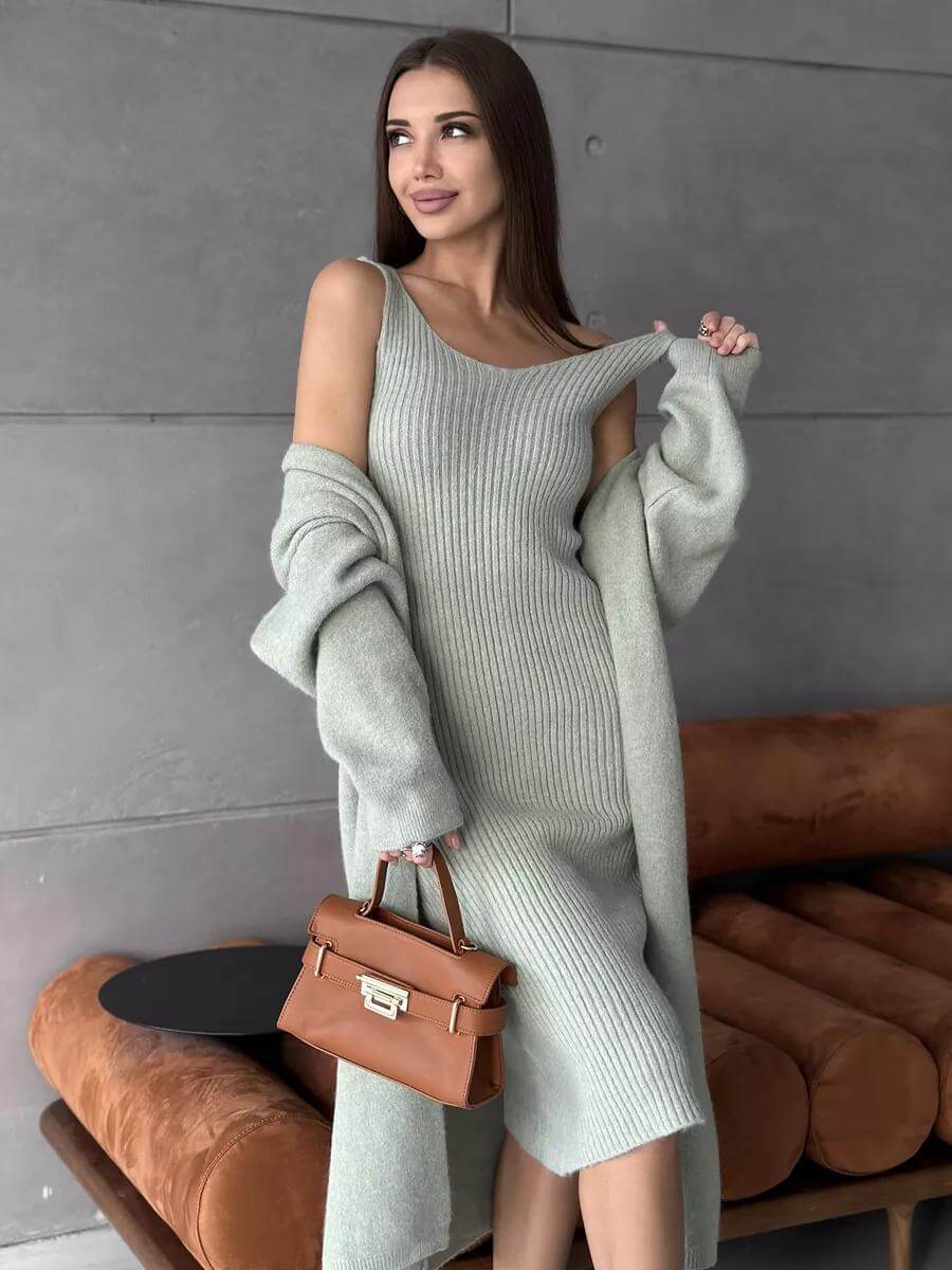 2 Pcs Knitted Suit Fashion Slim Sleeveless Long Dress And Casual Loose Cardigan