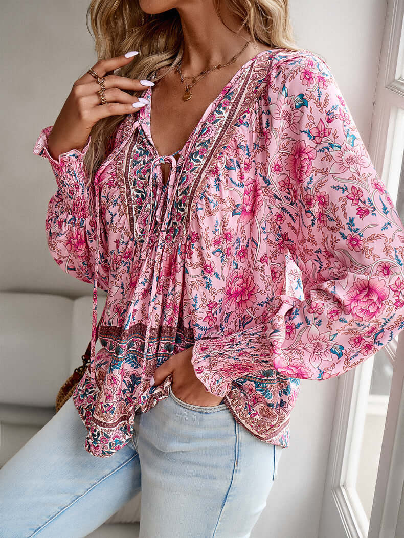 Stylish Printed Shirt Women V-neck Long Sleeve Top