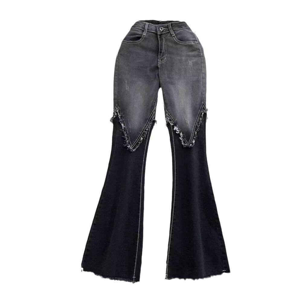 Color Matching Fashionable Elegant Bell Bottom Pants Jeans High Waist Slim Fit Slimming