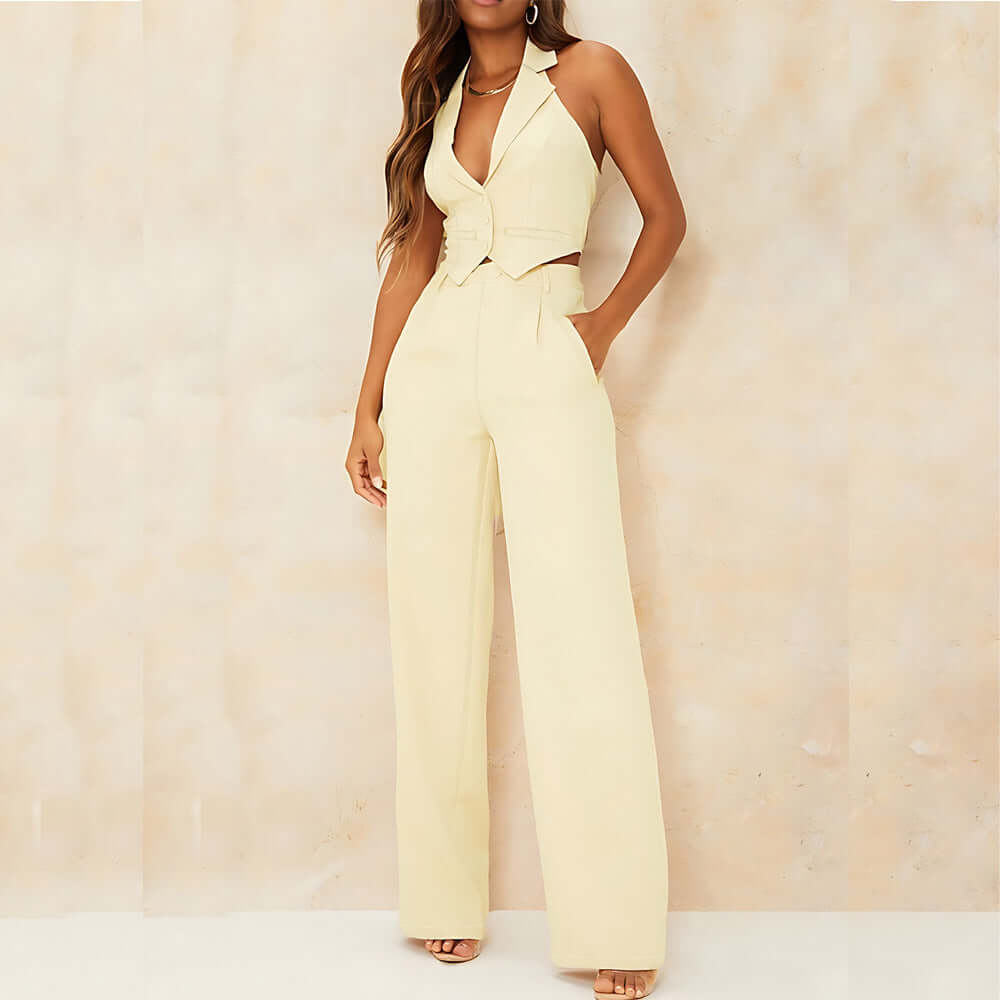 Niche Women's Asymmetric Collar Halter Vest Suit Casual Trousers Two Piece Suit