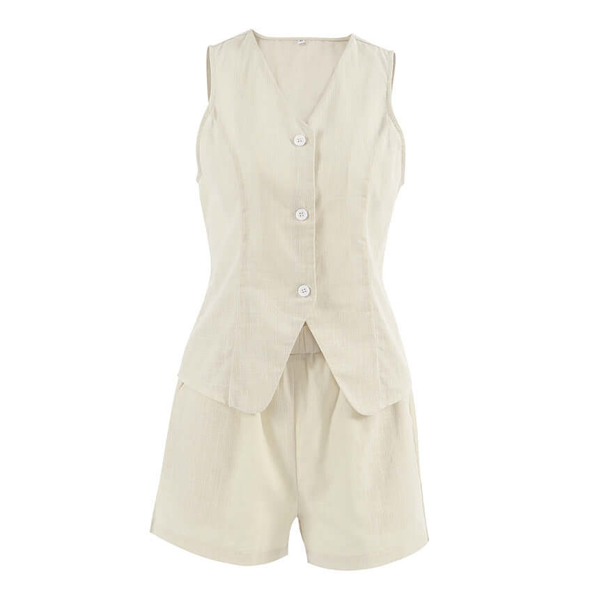 Women's Khaki Cotton Linen V Neck Sleeveless Waistcoat Vest Shorts Casual Suit