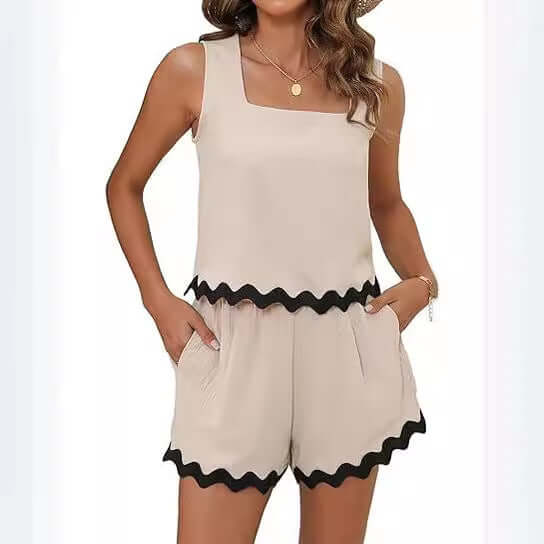 Fashion Casual Corrugated Lace Sleeveless Shorts Suit