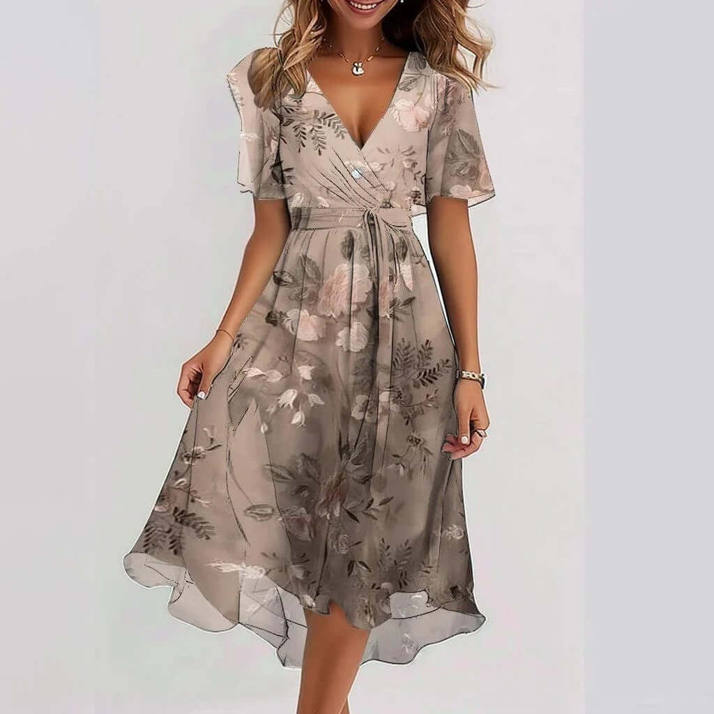 Chiffon Short Sleeve Summer Elegant V Neck Dresses