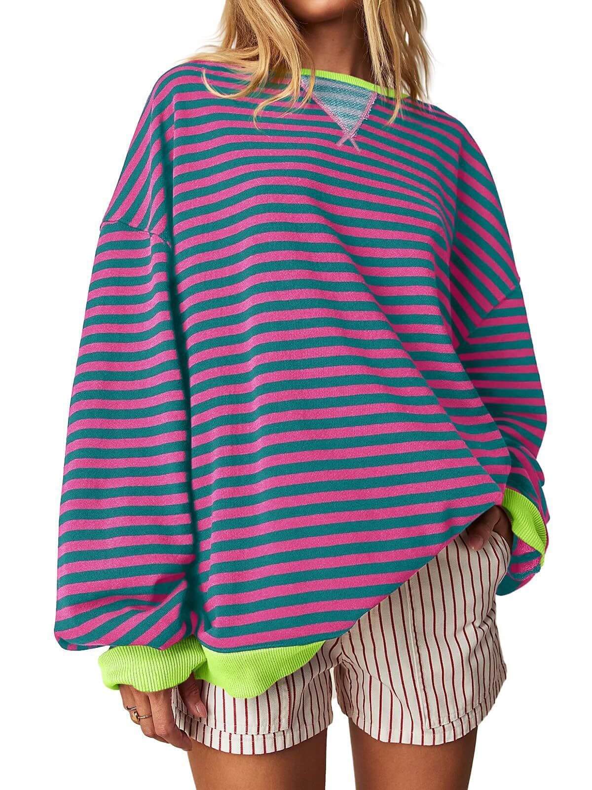 Women's Striped Embroidered Stitching Color Inserted Pullover Sweater