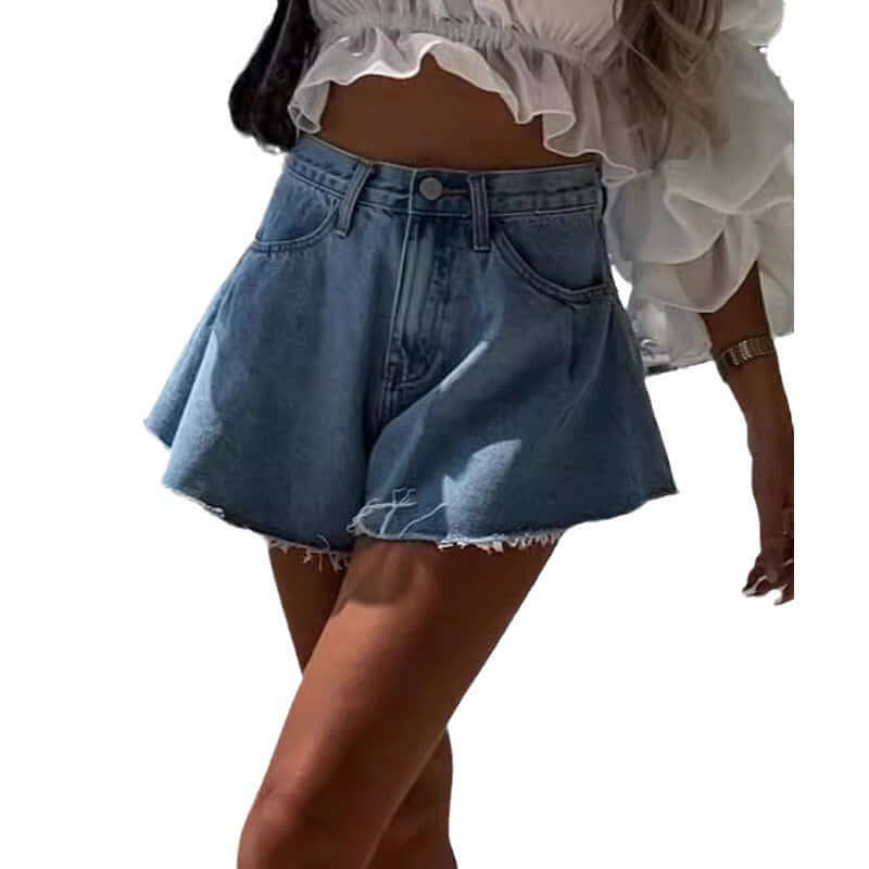 Women's Wide Leg Fringe Ripped Denim Shorts