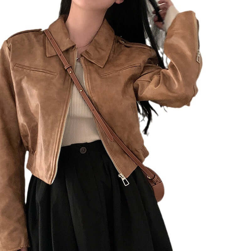 Women's Retro Hong Kong Style Lapel Leather Jacket