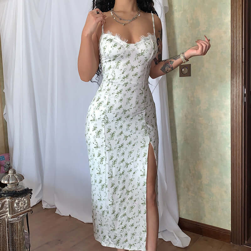 Lace Flowers Print Long Fashion Slit Summer Dress