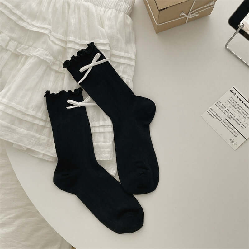 Thin Mesh Solid Color Bow Mid Calf Length Loose Socks Breathable Sweat Absorbing