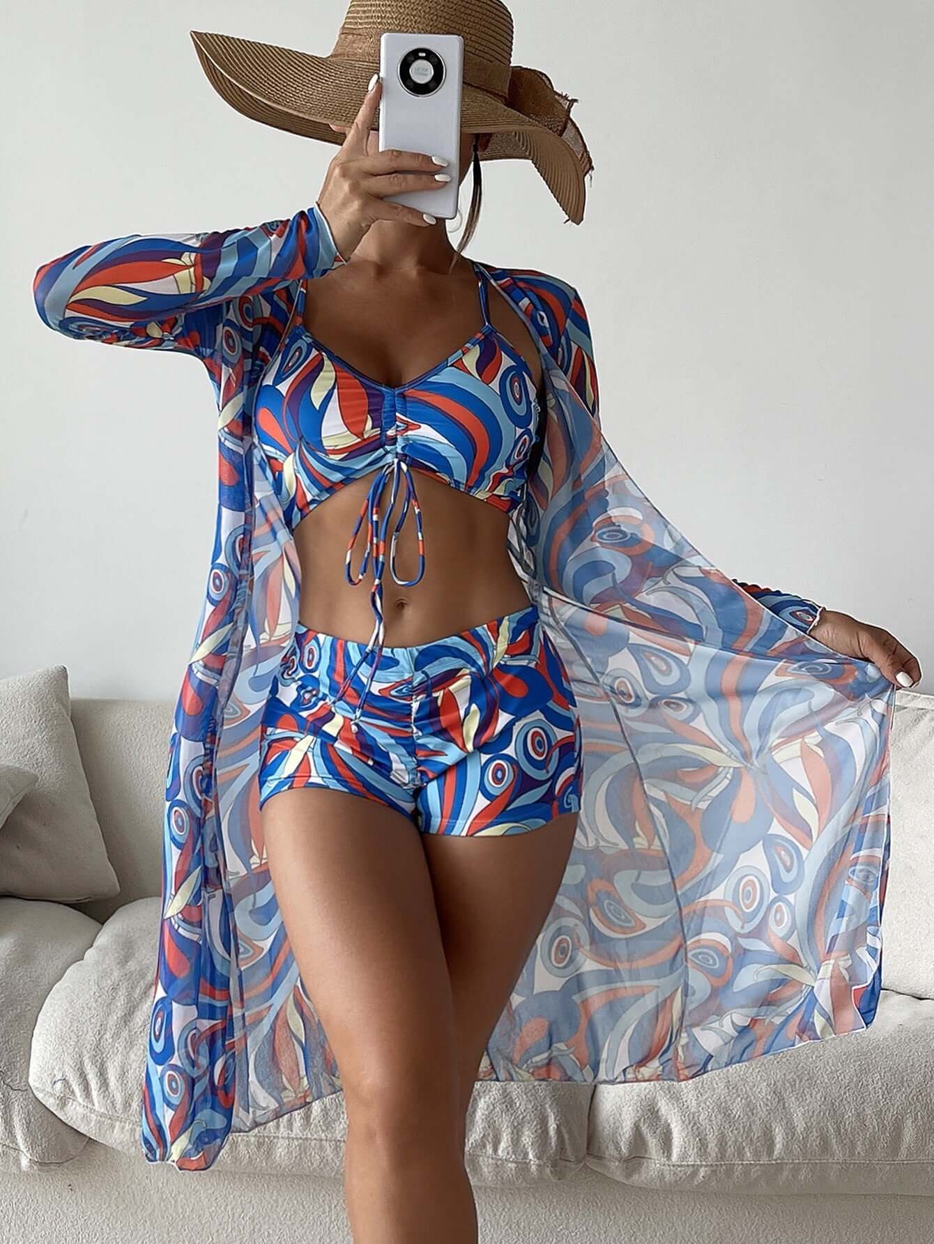 3 Pce Bikini With Long Sleeve Cardigan Summer Beach Swimsuit Set