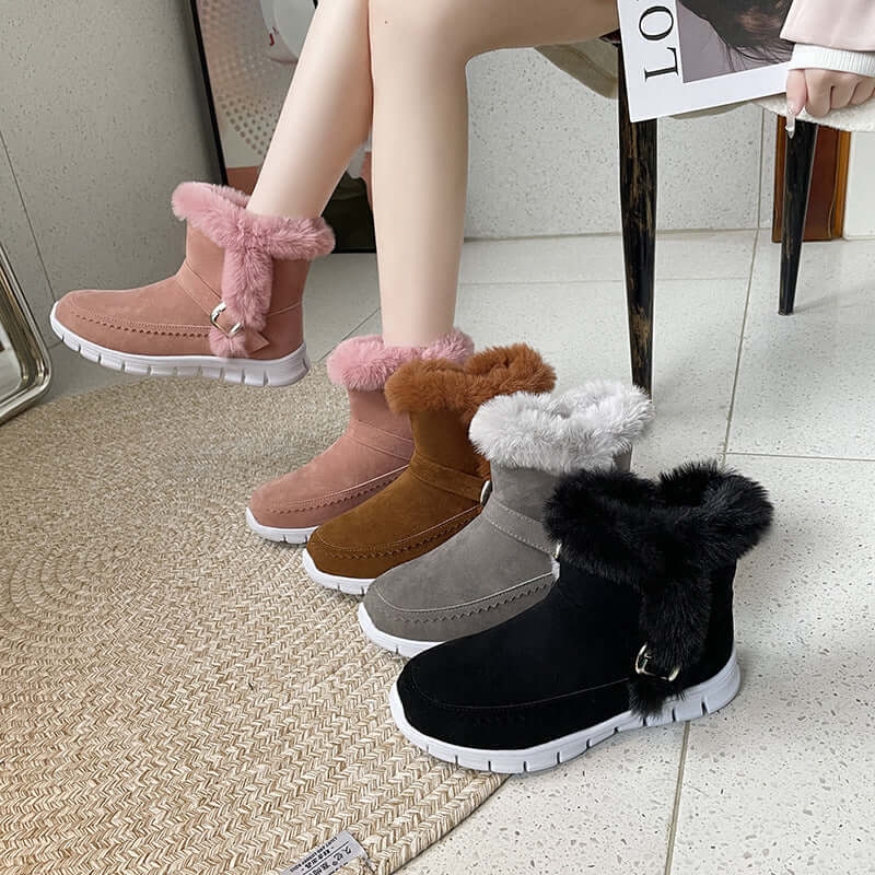 New Snow Boots Winter Warm Thickened Solid Color Plush Ankle Boots With Buckle Design Plus Velvet Flat Shoes