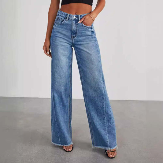 Women's Loose Wide Leg Side Seam Stitching Frayed Hem Jeans