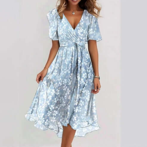 Chiffon Short Sleeve Summer Elegant V Neck Dresses