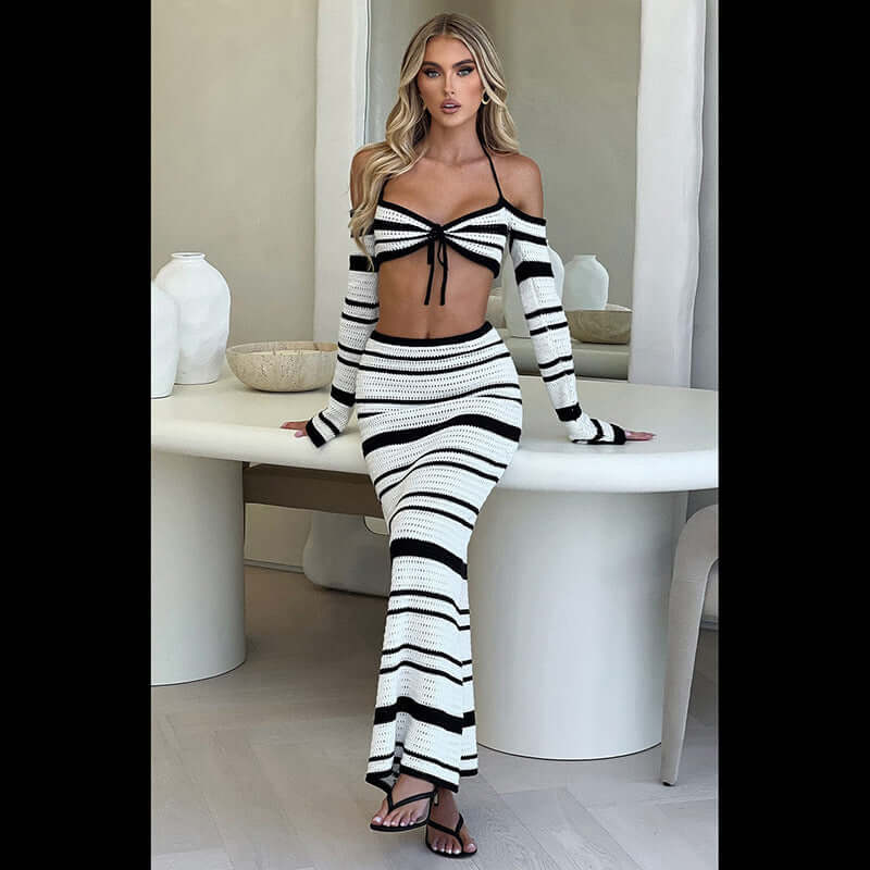 Women's Striped Off Shoulder Halter Lace Up Long Sleeve