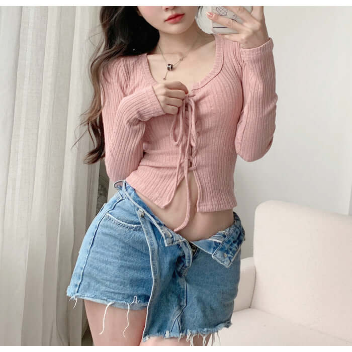 Women's U Neck Lace Up Cardigan Low Collar Long Sleeves T-shirt