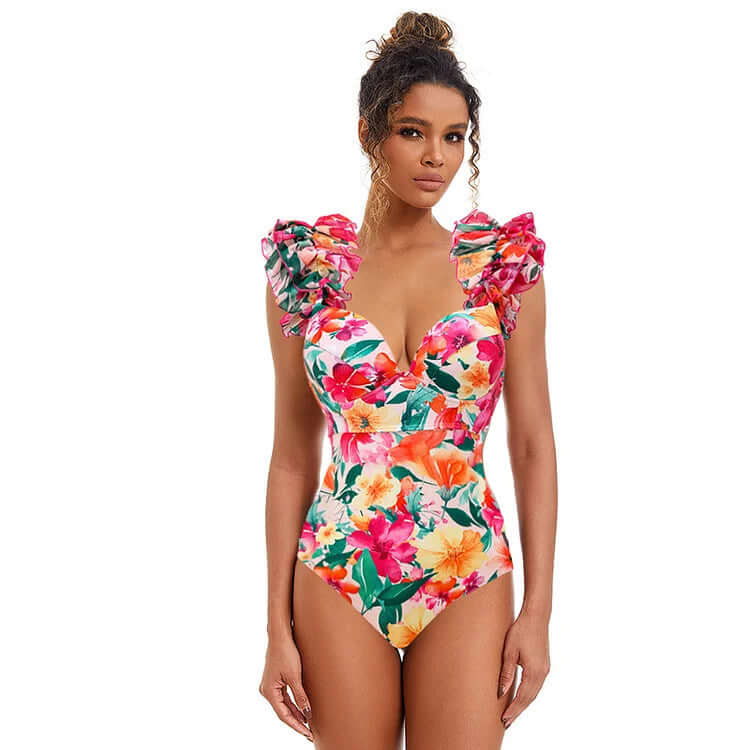 Flounced Backless Floral Beach Vacation Swimsuit Suit