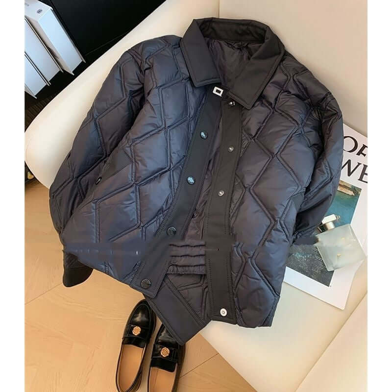 Black Rhombus Polo Collar Cotton Padded Jacket