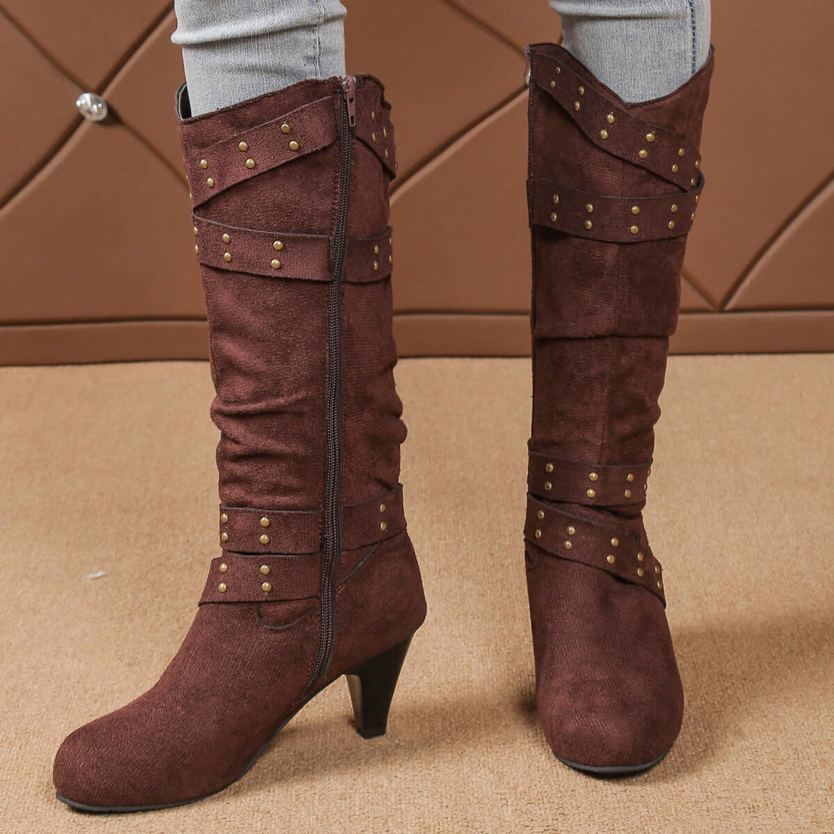 High Heel Boots With Cross Strap Rivet Western Cowboy Boot