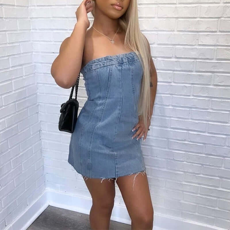 Fashion Backless Tube Denim Dress Summer Sexy Slim Short Dresses