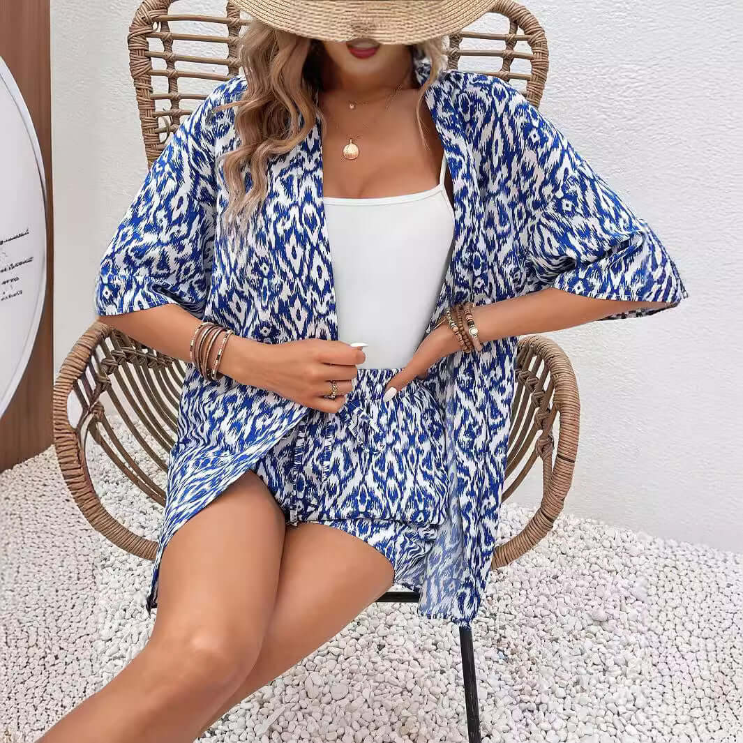 Fashion Loose Print Cardigan Short Suit