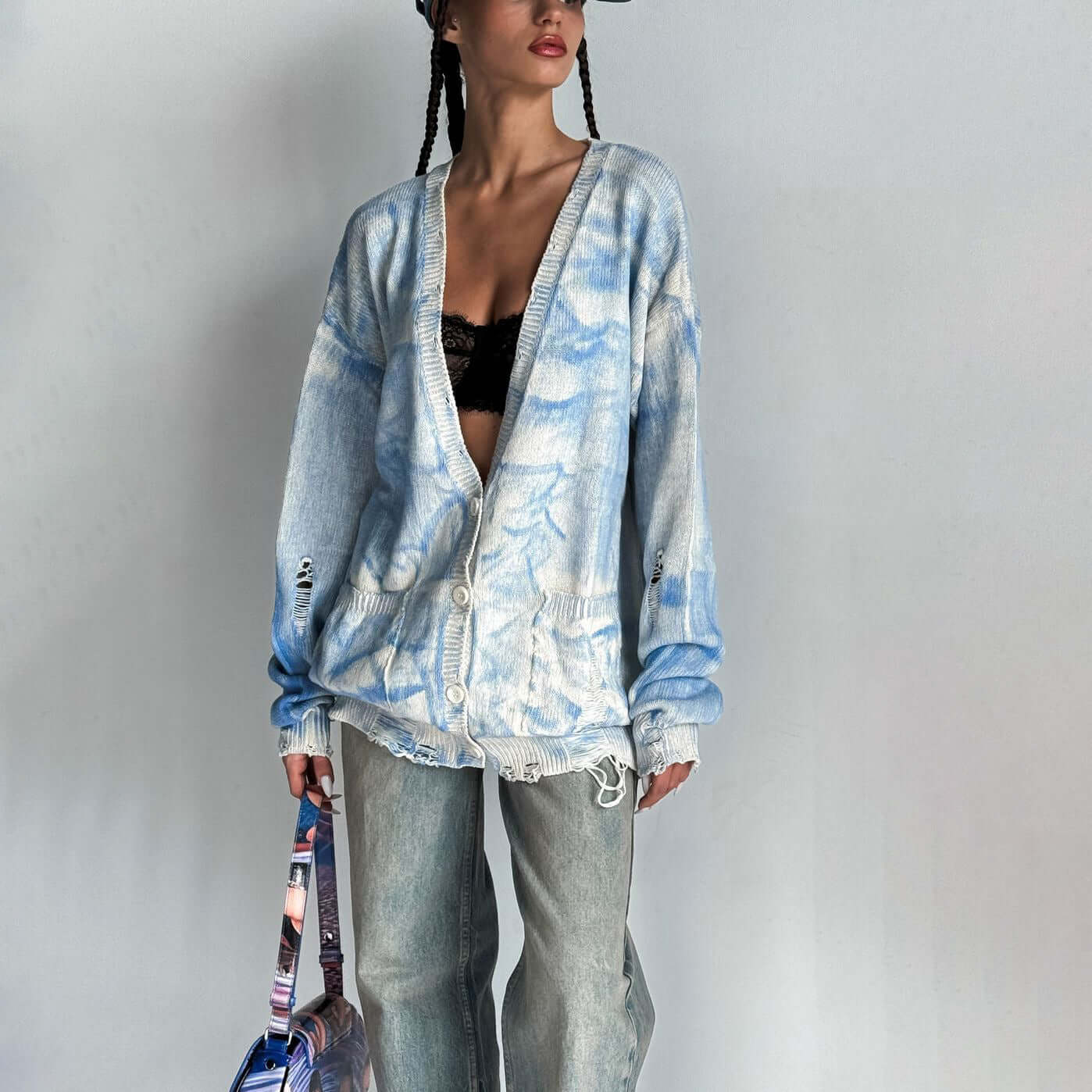 Vintage Tie Dyed Distressed Woolen Coat Women's Cardigan