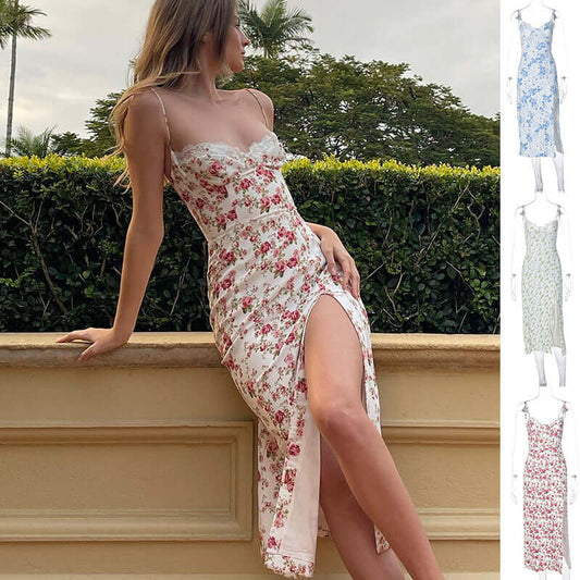 Lace Flowers Print Long Fashion Slit Summer Dress