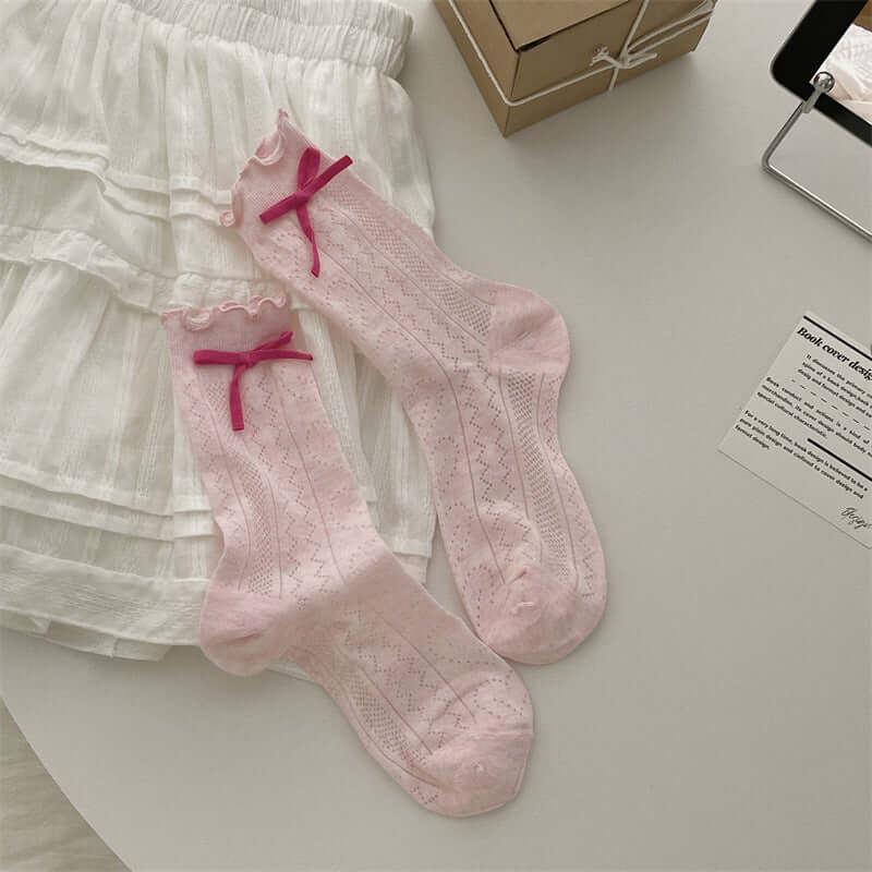 Thin Mesh Solid Color Bow Mid Calf Length Loose Socks Breathable Sweat Absorbing