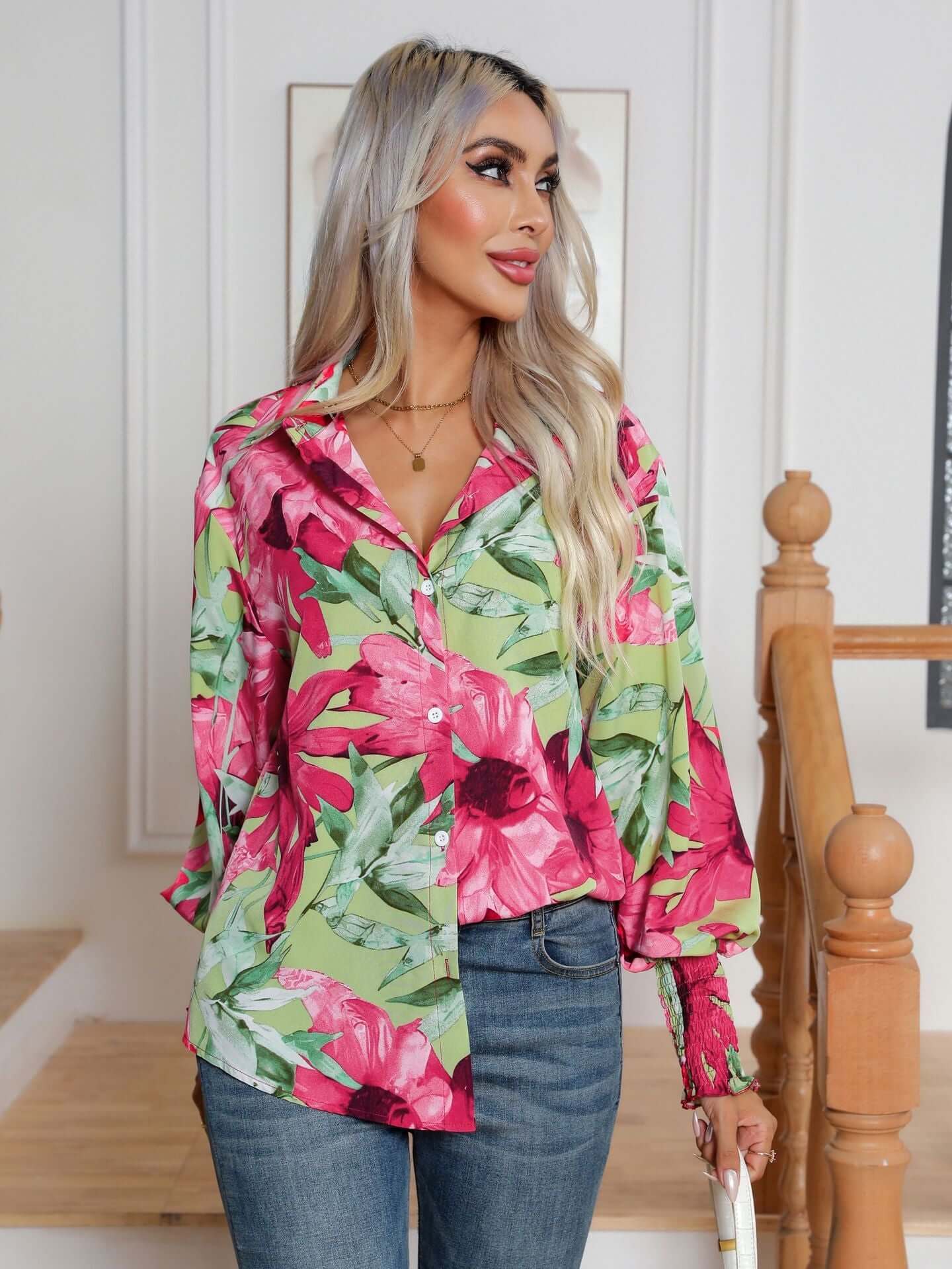 Fashion Printing Lantern Sleeve Shirt Women