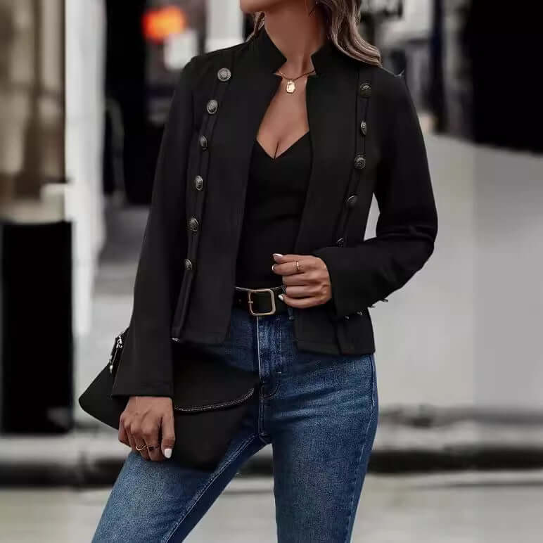 Women's Solid Color Double Breasted Decorative Deerskin Velvet Retro Long Sleeved Jacket