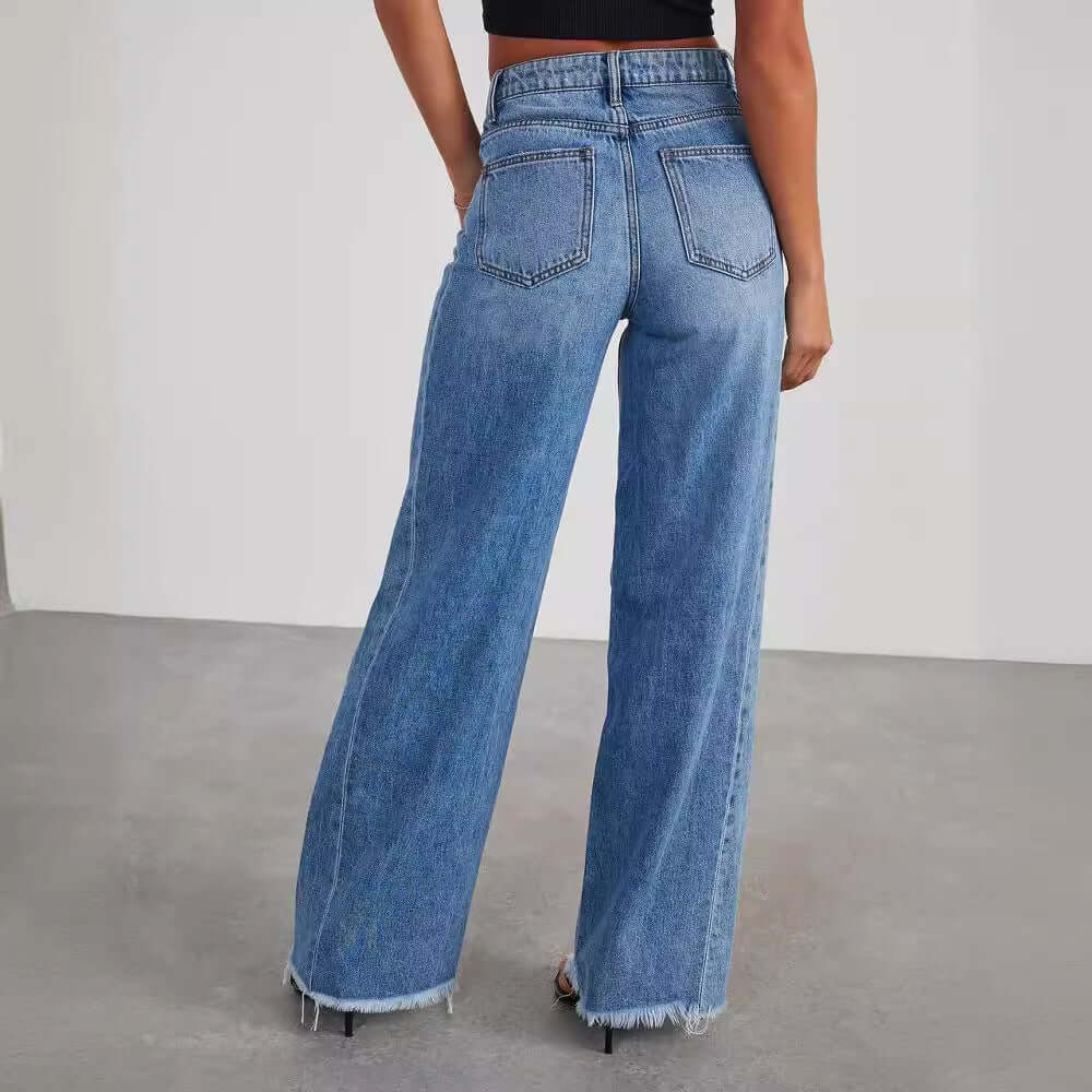 Women's Loose Wide Leg Side Seam Stitching Frayed Hem Jeans