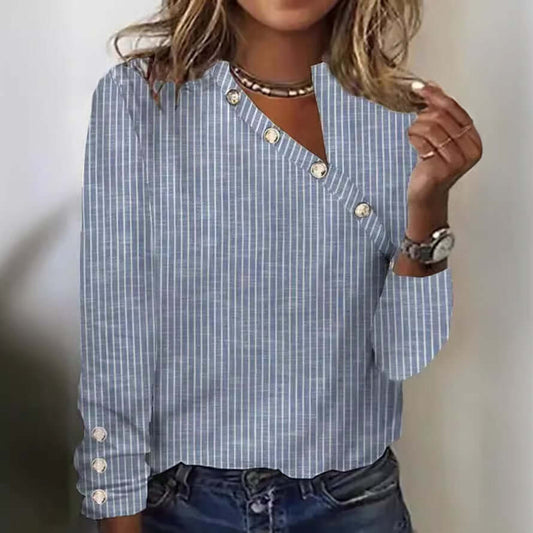 Women's Striped Button Printed Long Sleeve Plus Size Shirt