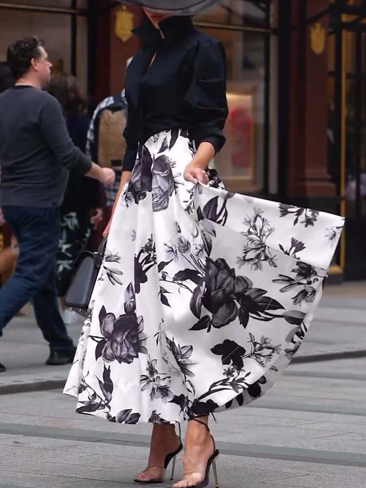 Solid Color Long Sleeved Shirt & Printed Wide Skirt Suit