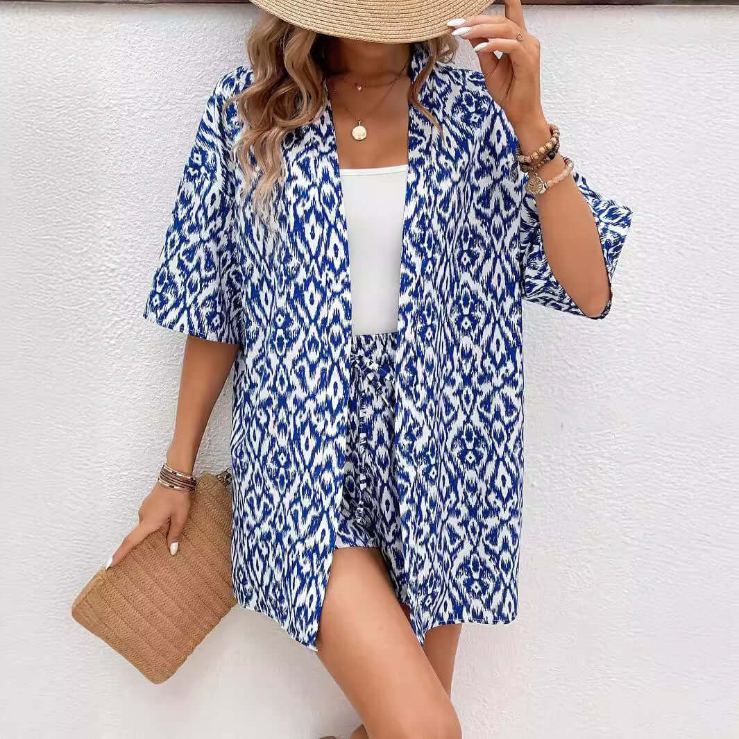 Fashion Loose Print Cardigan Short Suit