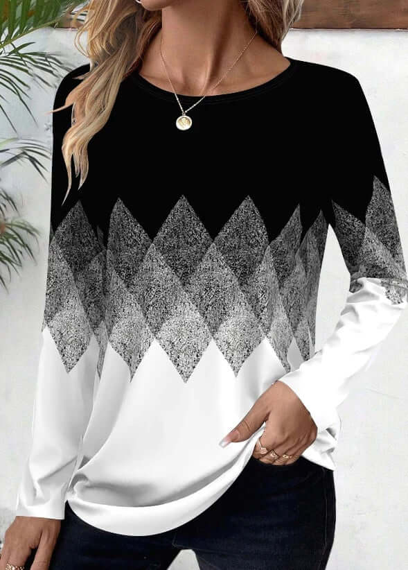 Digital Positioning Printing Round Neck Long Sleeve Top Female Pullover