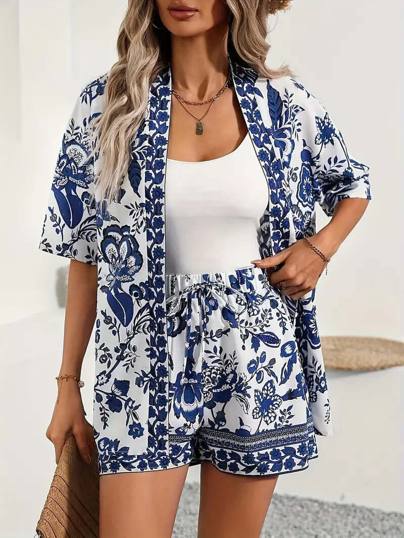 Holiday Floral Print Elegant Two Piece Shirt Short Sleeve Top Drawstring High Waist Shorts