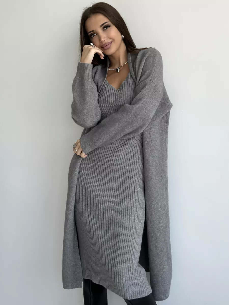 2 Pcs Knitted Suit Fashion Slim Sleeveless Long Dress And Casual Loose Cardigan