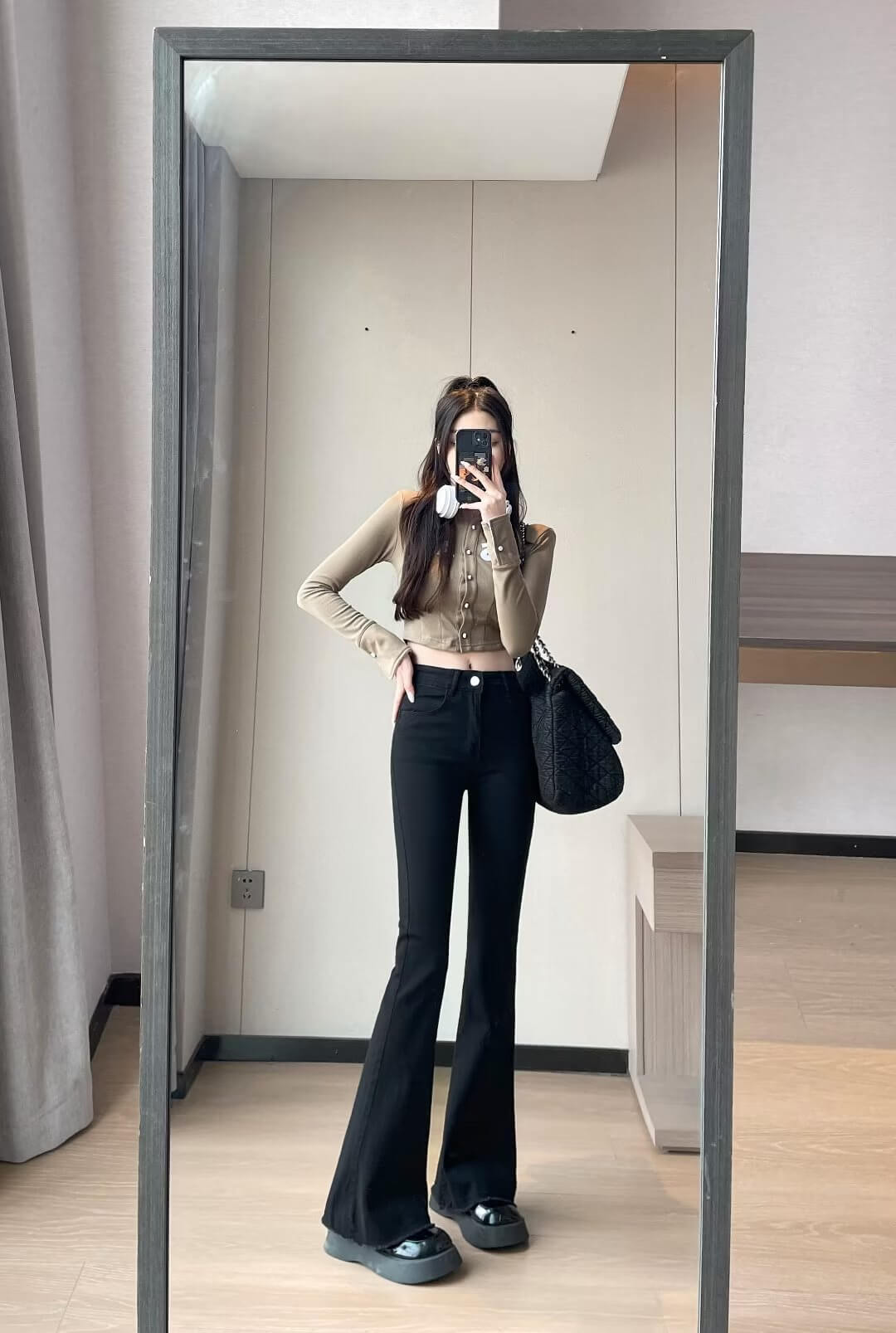 Color Matching Fashionable Elegant Bell Bottom Pants Jeans High Waist Slim Fit Slimming