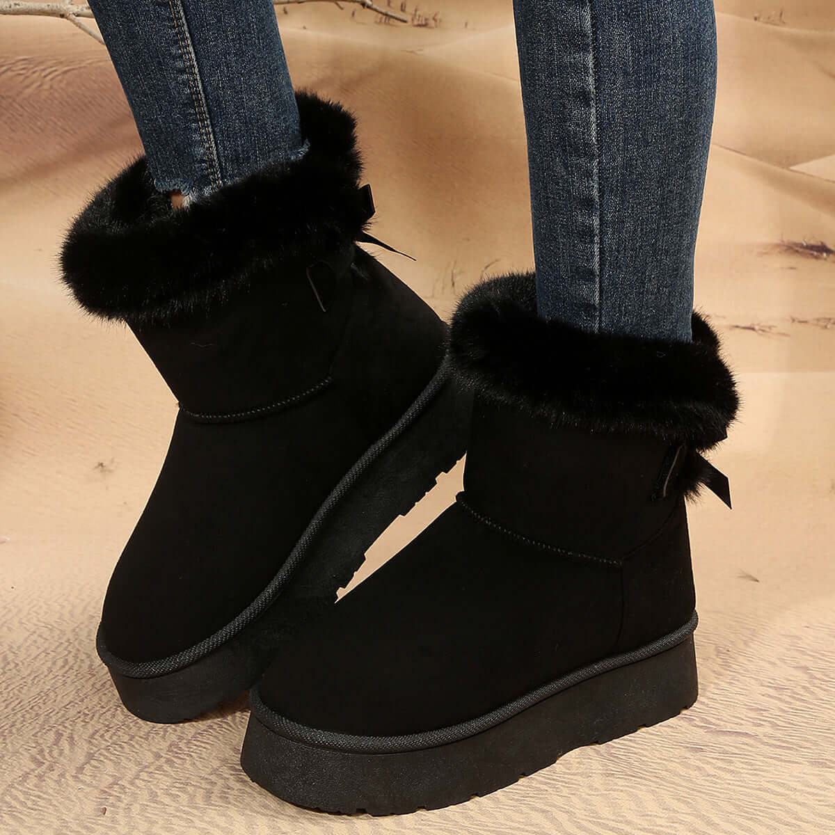 New Bow Knot Snow Boots Winter Plus Velvet Warm Thick Soled Ankle Boots For Women Simple Daily Leisure Cotton Slippers