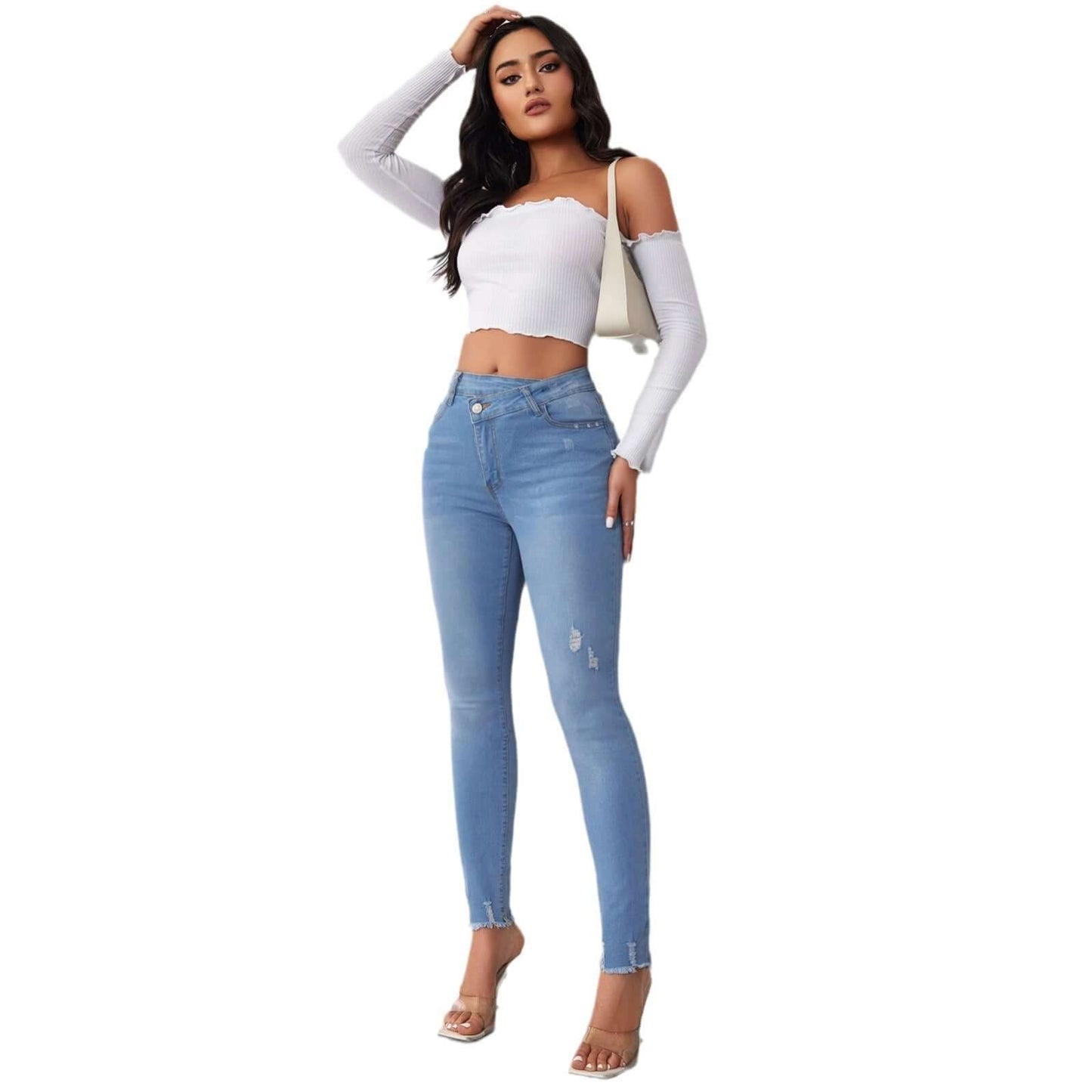 Women's Stretchy High Waist Slimming Raw Edge Denim Jeans