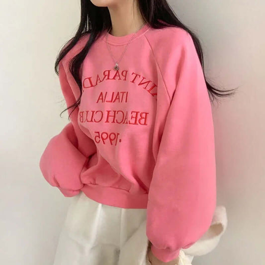 Light Letters Embroidery Velvet Thick Round Neck Sweatshirt