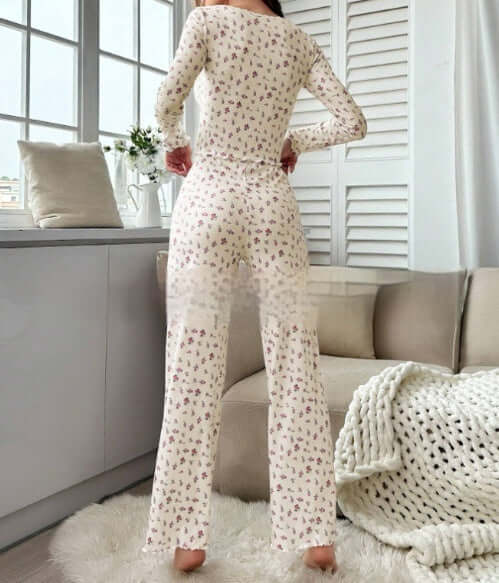 Small Floral Print Lettuce Edge Lace Collar Button Pyjamas Suit