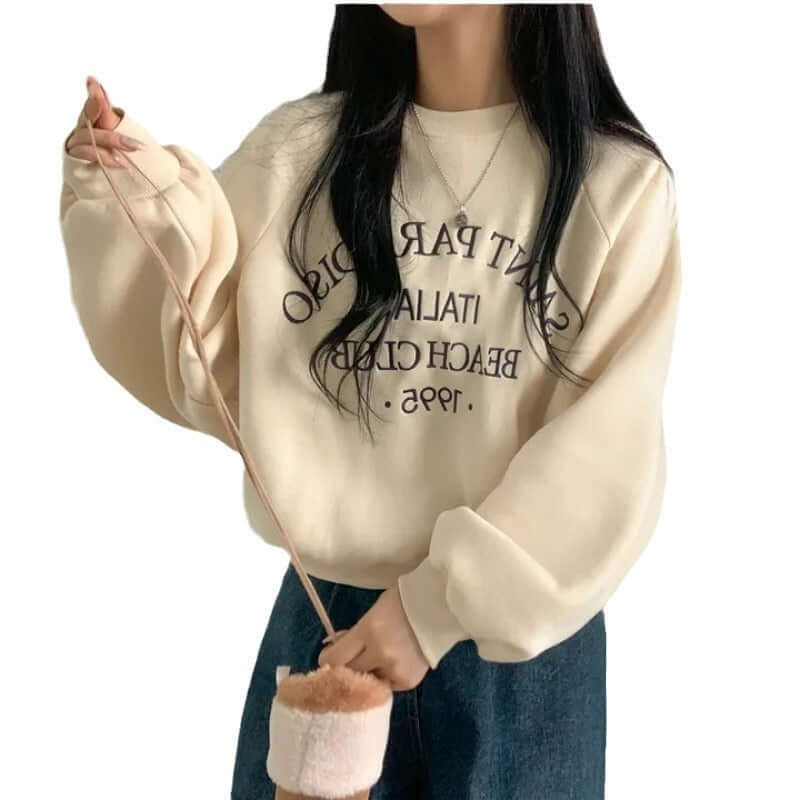 Light Letters Embroidery Velvet Thick Round Neck Sweatshirt