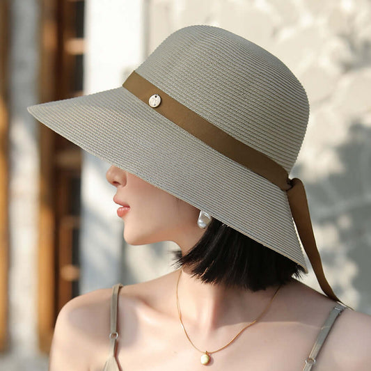 Encrypted Wide Brim Lace Up Sunproof Straw Hat Elegant