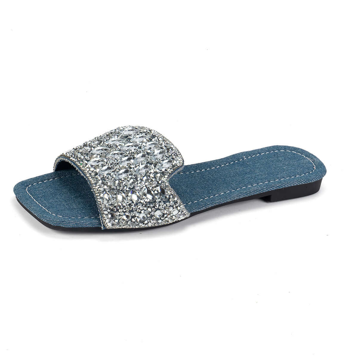 Square Toe Flat Bottom Rhinestone Slippers