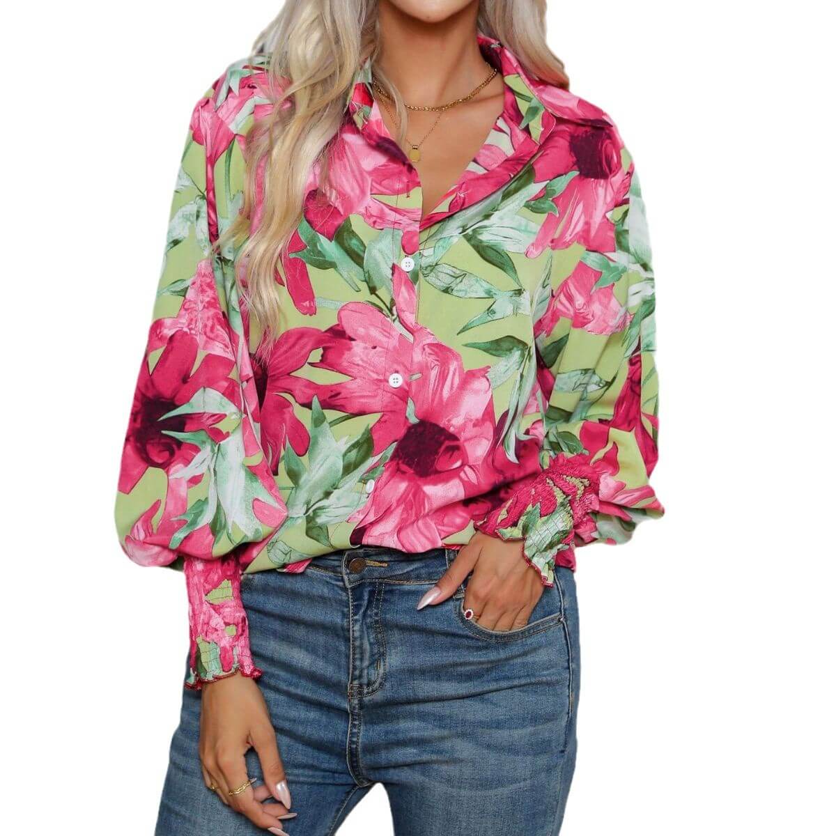 Fashion Printing Lantern Sleeve Shirt Women